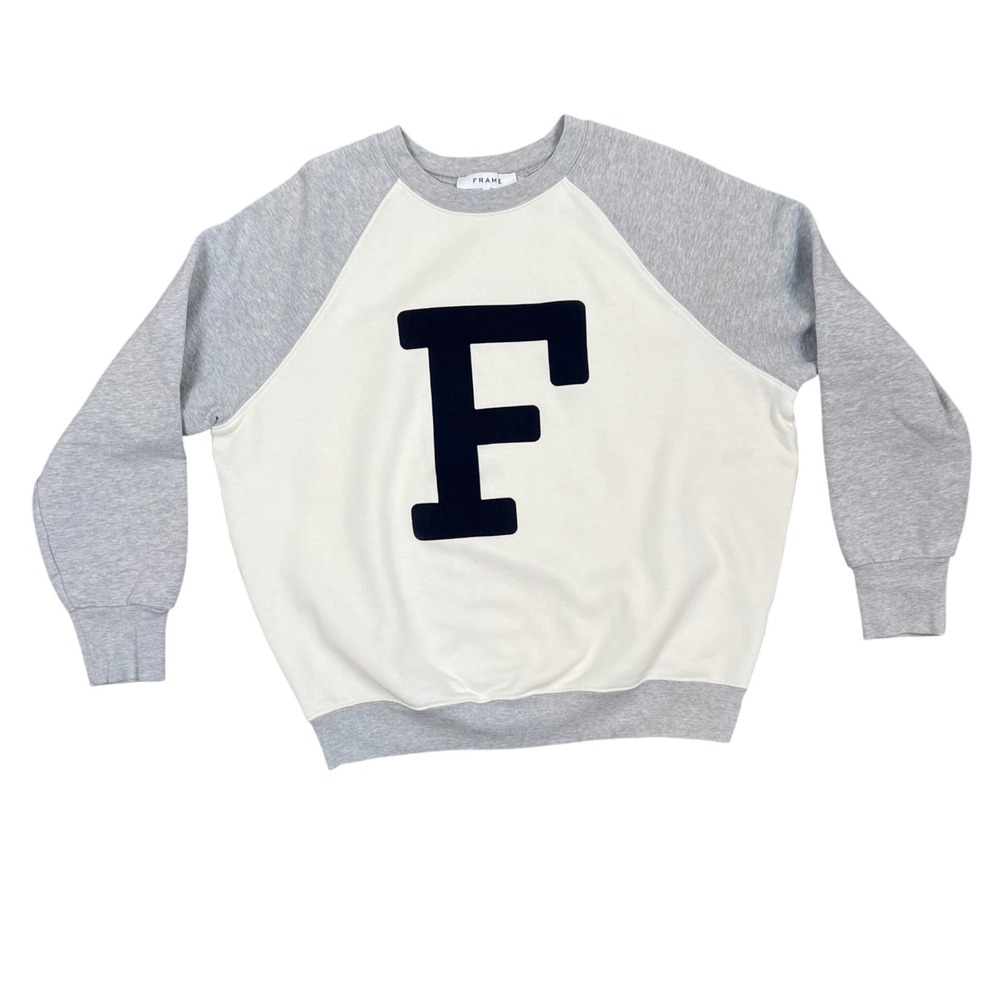 FRAME F Letter Graphic Raglan Sweatshirt Cream Gray Pullover Women Medium